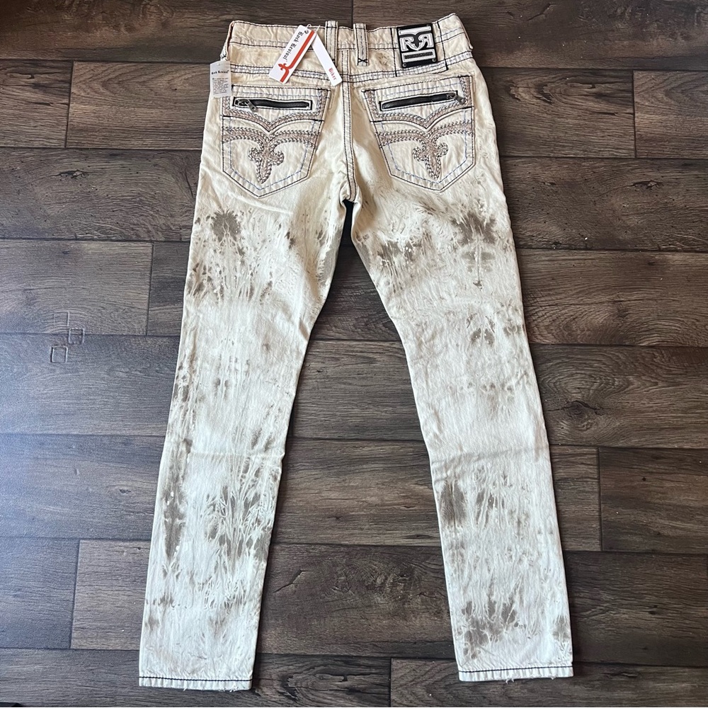 Rock Revival Men's Callan Biker Jeans Cream Acid Wash Size 32x32 NEW